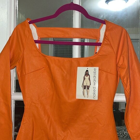 NWT Naked wardrobe faux leather long sleeve open back mini pullover dress - Picture 4 of 8